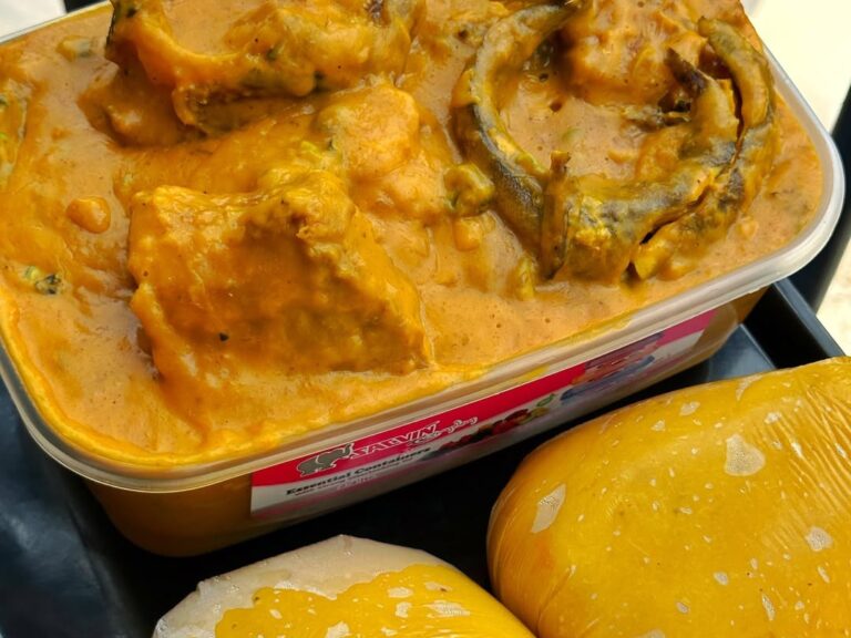 Delicious bowl of authentic Owoh soup in Warri served with starch at restaurant