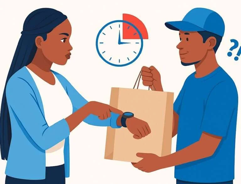 Delivery rider facing customer over a delayed package — representing common causes of late deliveries and how to avoid them.