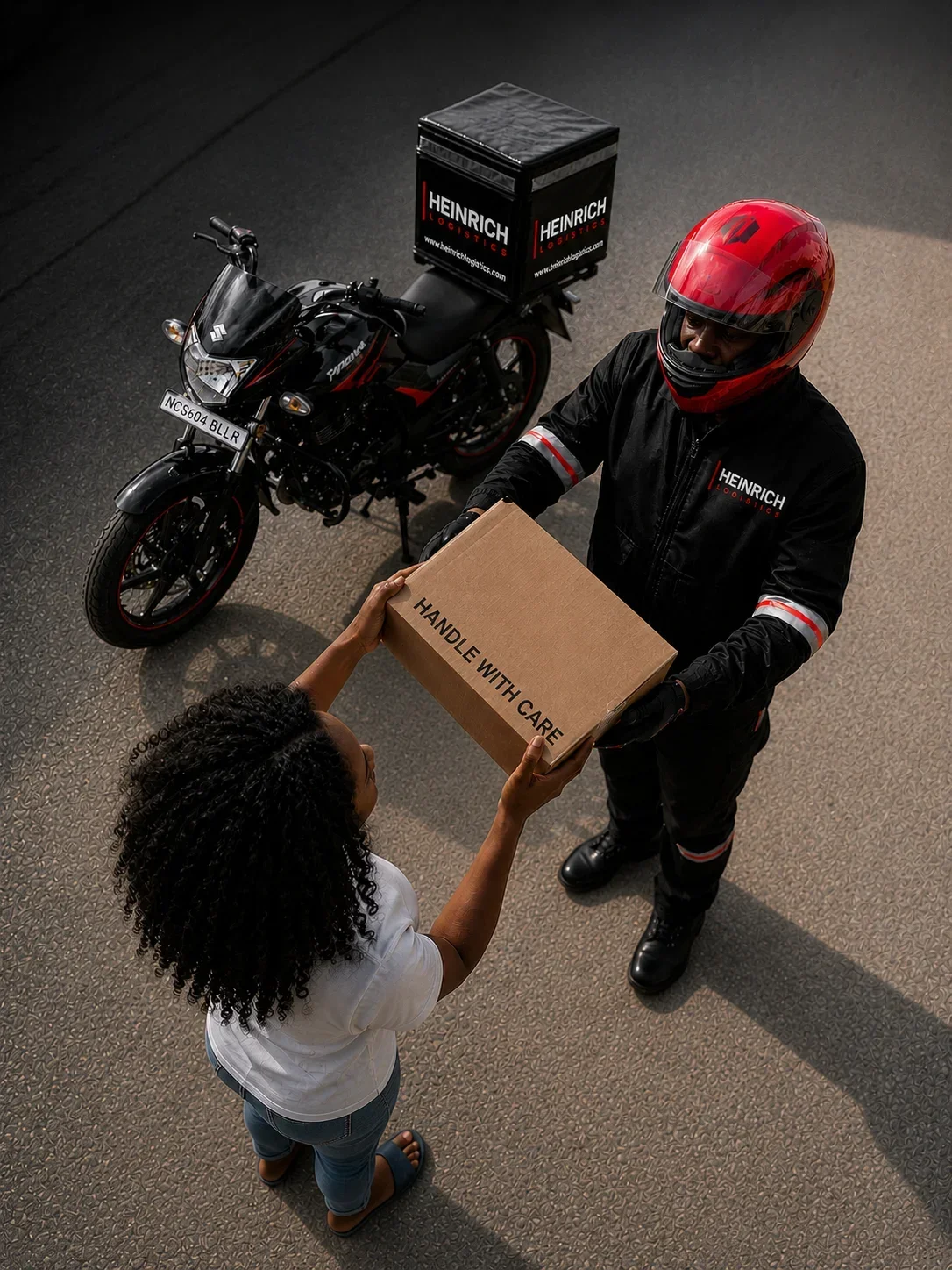 Heinrich Logistics rider delivering a parcel to a customer in Warri, Delta State, Nigeria
